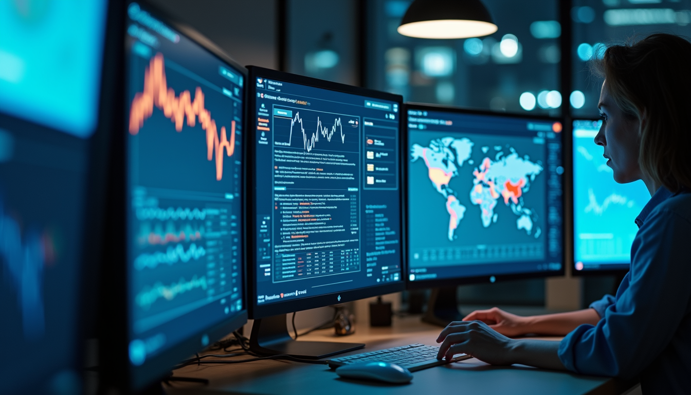 Eye-level view of a digital marketing team analyzing data on multiple screens