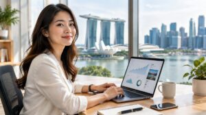 Singapore SME business owner reviewing digital marketing results on a laptop with the Marina Bay skyline behind, representing EDGE Grant digital marketing support